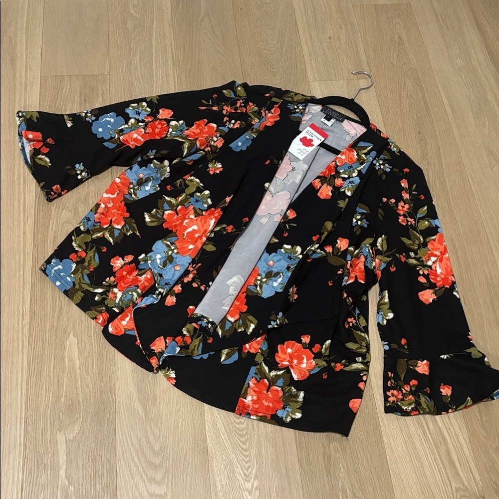 ROBIN ARTIZAN (1X) Floral Black Kimono Blazer Vibrant Lightweight Stretch NWT - Picture 6 of 10